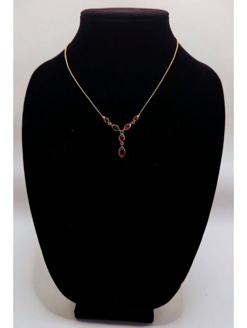 Vintage Liz Claiborne Signed Gold Tone Necklace with Red Marquise Cabochons